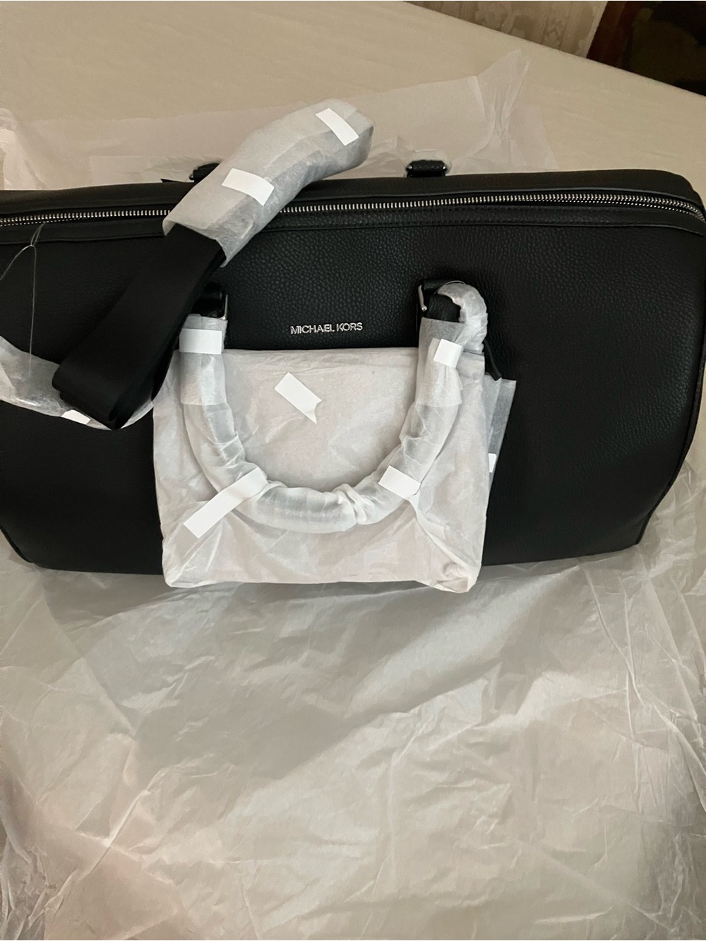 Michael Kors Cooper Faux Leather Black Duffel Bag with Silver Accents - Picture 7 of 12